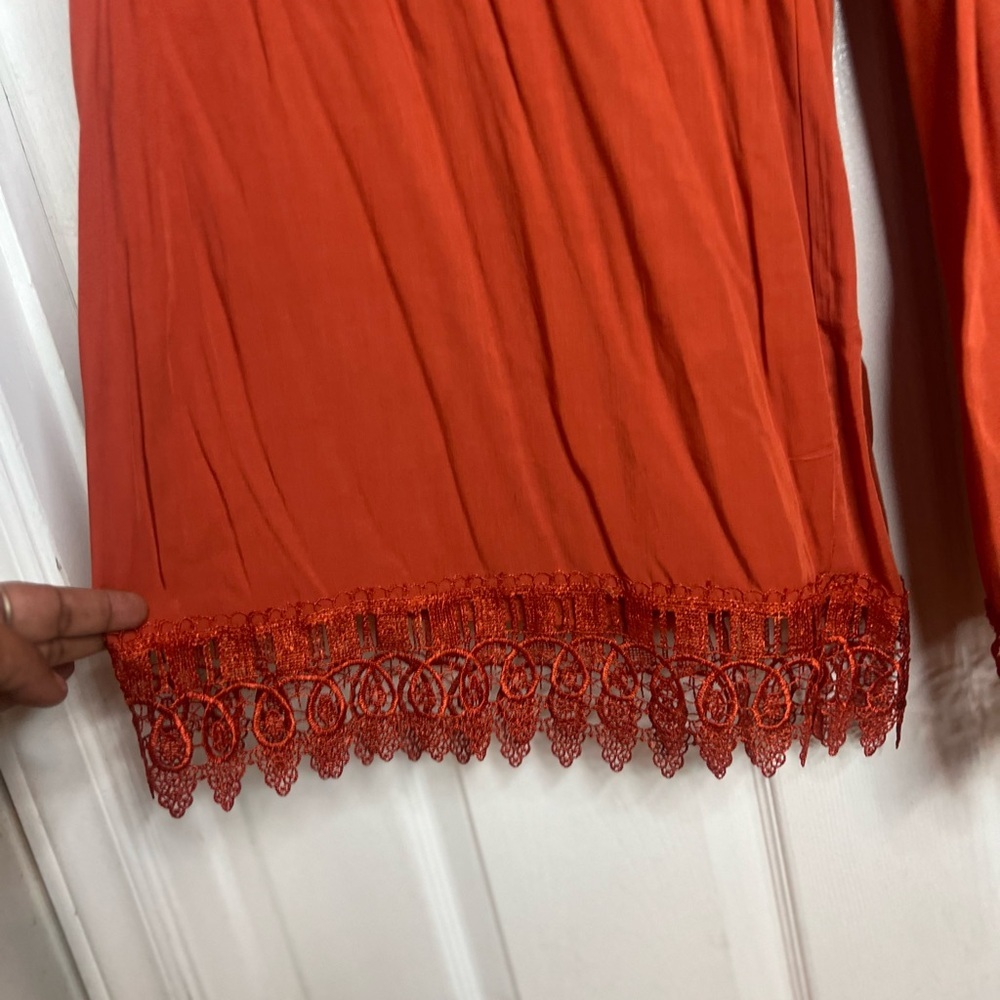 Bohemian Flowy Wide Leg Pants Rust Orange Women’s Size 26-28 Lace Hem pockets - Picture 2 of 12